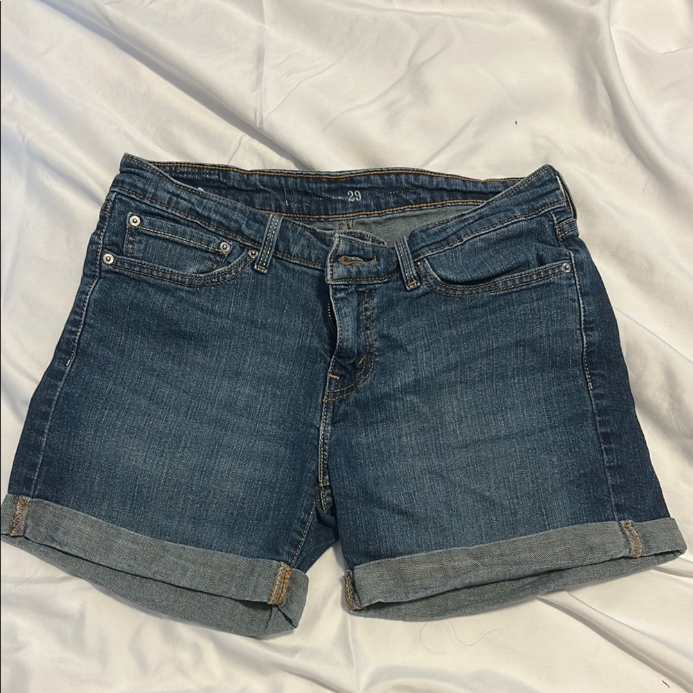 Levi’s Blue Jean Shorts with Cuffed Hem and Faded Look
